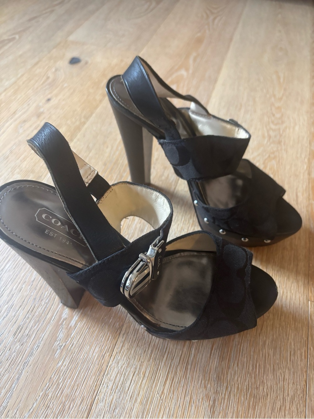 Coach Black Platform Heel Sandals with silver Buckle Accent vintage